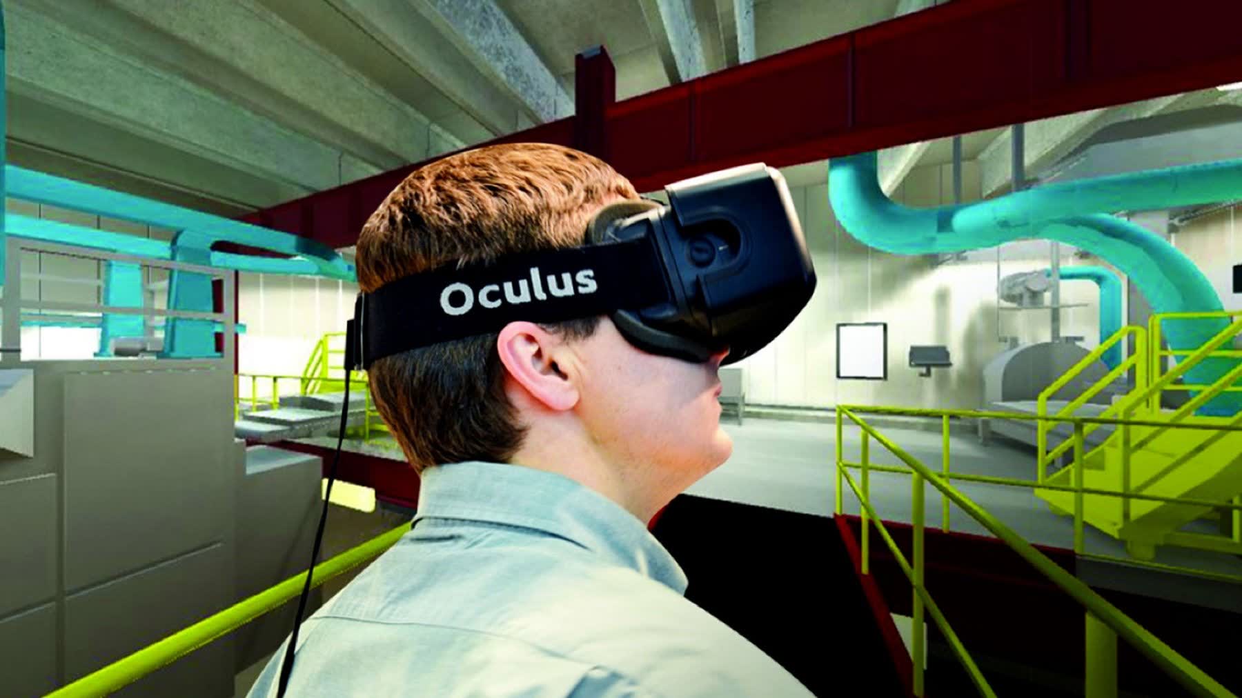 Person in Oculus VR headset in virtual construction environment