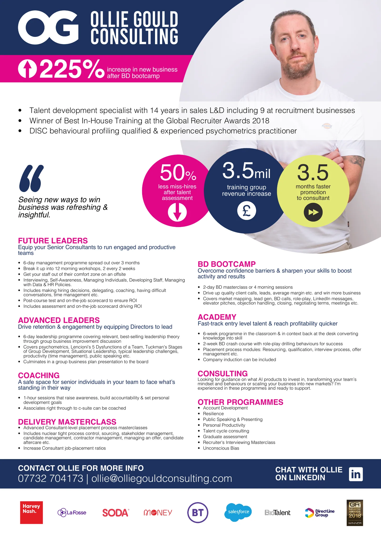 Ollie Gould Consulting one-page brochure — results, programmes, proof points, and client logos